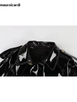 Mauroicardi Spring Long Shiny Reflective Black Patent Pu Leather Trench Coat for Women Belt Double Breasted Y2K European Clothes