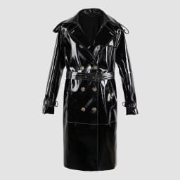 Mauroicardi Spring Long Shiny Reflective Black Patent Pu Leather Trench Coat for Women Belt Double Breasted Y2K European Clothes