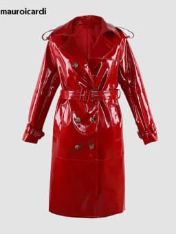 Mauroicardi Spring Long Shiny Reflective Black Patent Pu Leather Trench Coat for Women Belt Double Breasted Y2K European Clothes