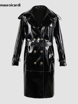 Mauroicardi Spring Long Shiny Reflective Black Patent Pu Leather Trench Coat for Women Belt Double Breasted Y2K European Clothes