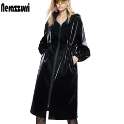 Nerazzurri Long Black Warm Oversized Shiny Patent Leather Trench Coat for Women, Long Sleeve Zip-Up Fall Fashion 2023 Windbreake