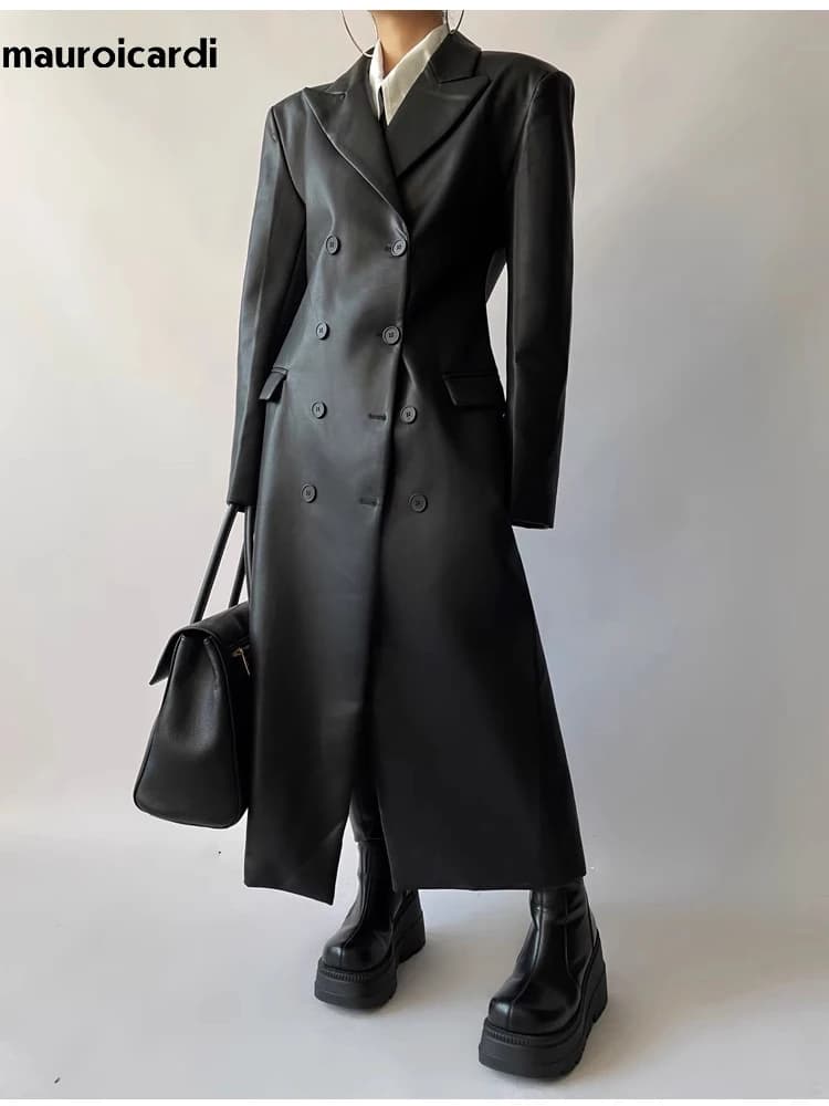 Mauroicardi Autumn Long Black Fitted Soft Pu Leather Trench Coat for Women Shoulder Pads Double Breasted Luxury European Clothes