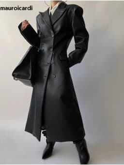 Mauroicardi Autumn Long Black Fitted Soft Pu Leather Trench Coat for Women Shoulder Pads Double Breasted Luxury European Clothes