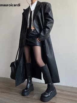 Mauroicardi Autumn Long Black Fitted Soft Pu Leather Trench Coat for Women Shoulder Pads Double Breasted Luxury European Clothes