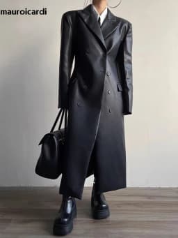 Mauroicardi Autumn Long Black Fitted Soft Pu Leather Trench Coat for Women Shoulder Pads Double Breasted Luxury European Clothes