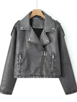 2027 New Fashion Women's Motor Biker Washed Gray Faux Leather Jackets Female Autumn Winter Retro Loose PU Zipper Streetwear Coat