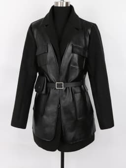 Lautaro-Black PU Leather Blazer for Women, Wool Blend Blazer, Long Sleeve Belt, Runway Designer, Luxury Fashion, Autumn