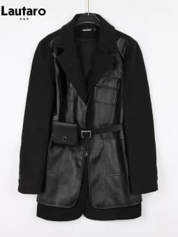 Lautaro-Black PU Leather Blazer for Women, Wool Blend Blazer, Long Sleeve Belt, Runway Designer, Luxury Fashion, Autumn