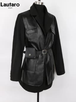 Lautaro-Black PU Leather Blazer for Women, Wool Blend Blazer, Long Sleeve Belt, Runway Designer, Luxury Fashion, Autumn