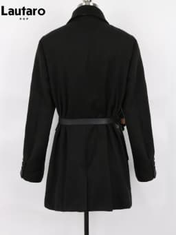 Lautaro-Black PU Leather Blazer for Women, Wool Blend Blazer, Long Sleeve Belt, Runway Designer, Luxury Fashion, Autumn