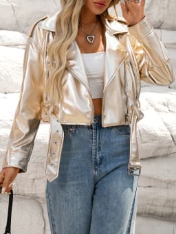 Ailegogo New Spring Autumn Women Loose Short Gold Faux Leather Jacket Streetwear Female Zipper Belt Moto Biker Coat Outwear
