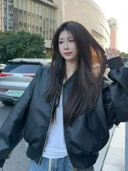 Black Short Leather Jacket Women's Loose Fit Zipper Baseball Style Cool Sensation Motorcycle Top Fashionable Polyester Fiber