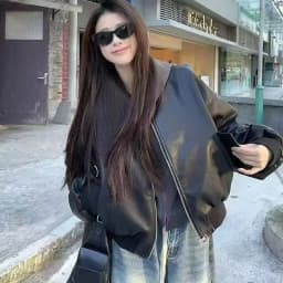 Black Short Leather Jacket Women's Loose Fit Zipper Baseball Style Cool Sensation Motorcycle Top Fashionable Polyester Fiber