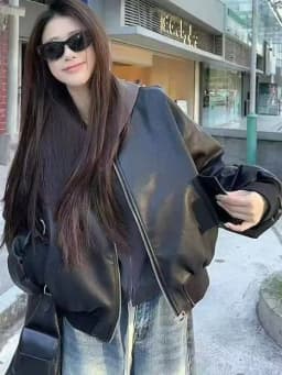 Black Short Leather Jacket Women's Loose Fit Zipper Baseball Style Cool Sensation Motorcycle Top Fashionable Polyester Fiber