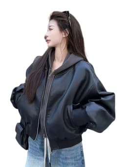 Black Short Leather Jacket Women's Loose Fit Zipper Baseball Style Cool Sensation Motorcycle Top Fashionable Polyester Fiber