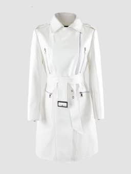 Mauroicardi Spring Autumn Cool Fitted Long White Faux Leather Moto Biker Jacket Women Belt Black Luxury Designer Clothes 2025