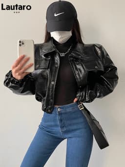 Lautaro-Crocodile Print Faux Leather Jacket for Women, Short, Cool, Oversized, European Fashion Streetwear, Button Up, Spring