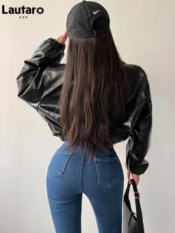 Lautaro-Crocodile Print Faux Leather Jacket for Women, Short, Cool, Oversized, European Fashion Streetwear, Button Up, Spring