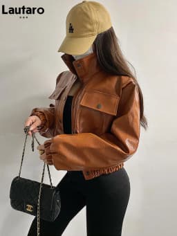 Lautaro-Crocodile Print Faux Leather Jacket for Women, Short, Cool, Oversized, European Fashion Streetwear, Button Up, Spring
