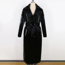 Mauroicardi Spring Autumn Long Waterproof Shiny Reflective Black Patent Leather Cocoon Coat Women Sashes Luxury Designer Clothes