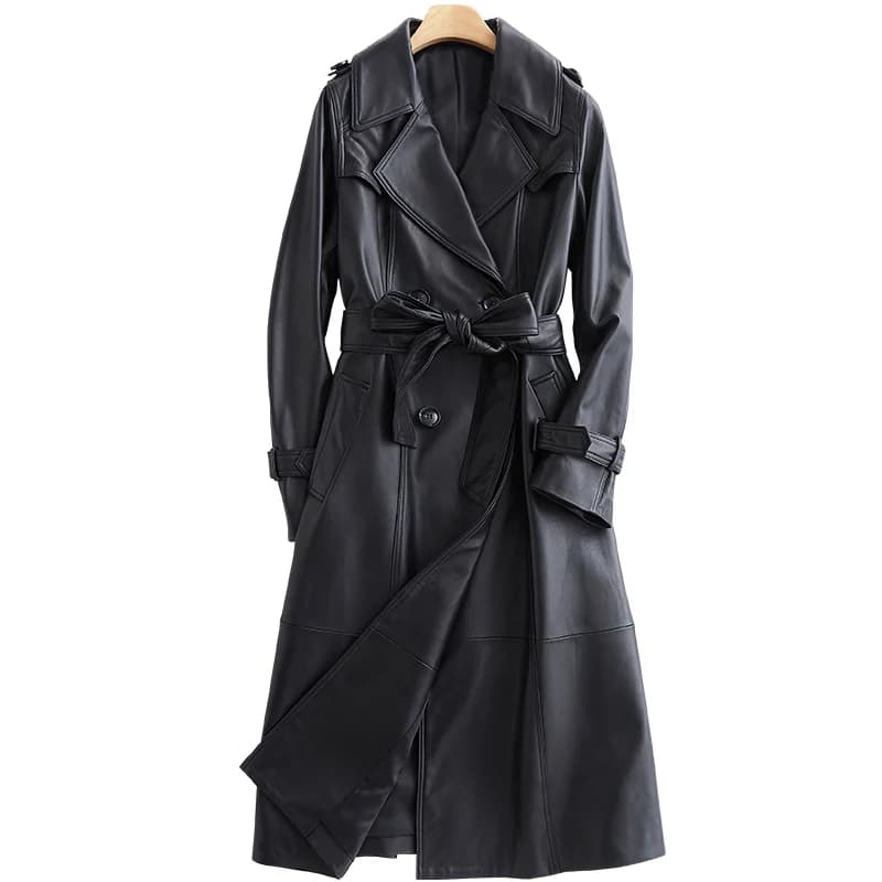 Lautaro Autumn Long Black Leather Trench Coat for Women Long Sleeve Belt Lapel Luxury Spring British Style Outerwear Fashion