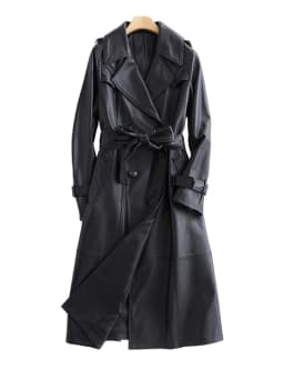 Lautaro Autumn Long Black Leather Trench Coat for Women Long Sleeve Belt Lapel Luxury Spring British Style Outerwear Fashion