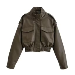 Suninheart Winter Faux Leather Bomber Jacket Women Short Zipper Front Lapel Outerwear Multiple Pockets Warm Jackets