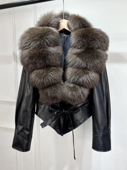 Lagabogy 2025 Real Fox Fur Collar Autumn Winter Faux Leather Jackets For Women Chic Dropped Shoulder PU Coat Casual Office Lady