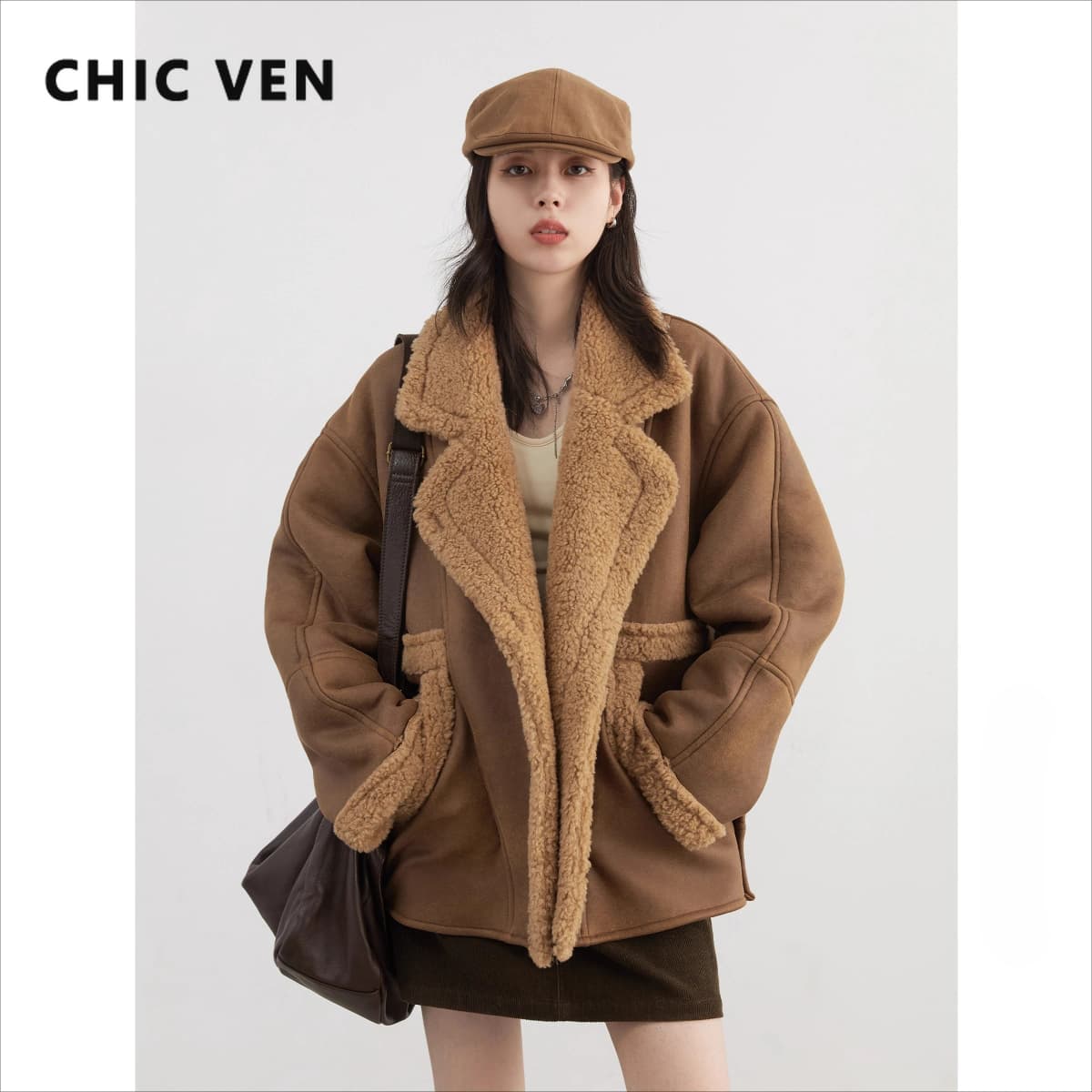CHIC VEN Women Faux Leather Coat Single Breasted Loose Casual New Motorcycle Suit Suede Fur Jacket Female Top Autumn Winter 2025