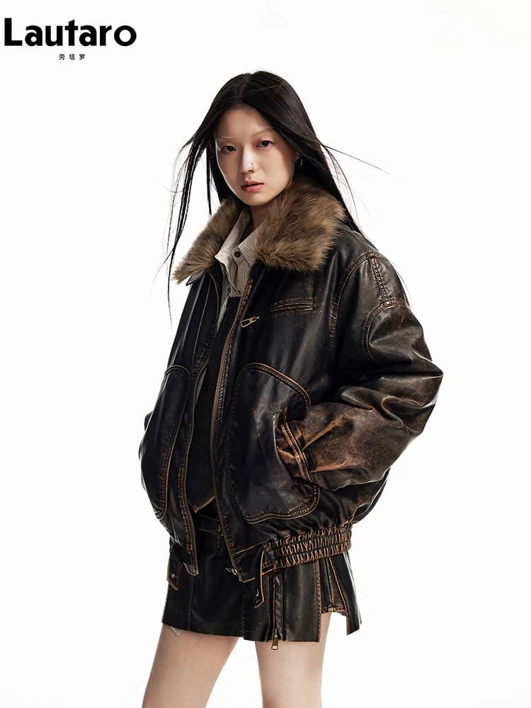 Lautaro Spring Autumn Cool Handsome Vintage Distressed Brown Pu Leather Jacket Women Faux Fur Collar Luxury Designer Clothing
