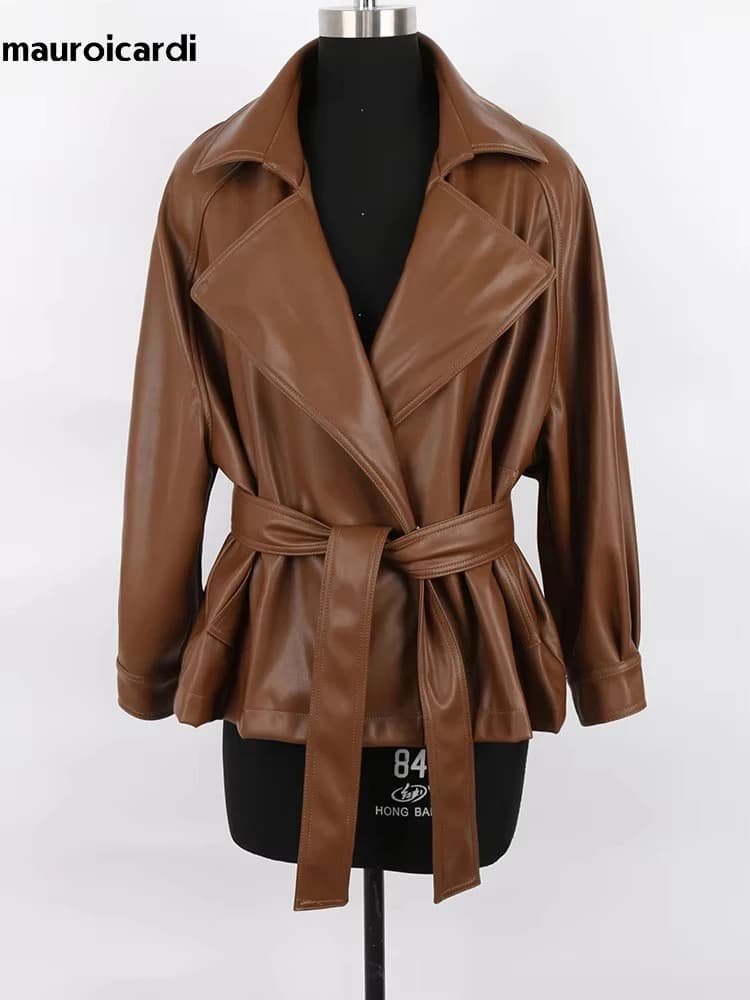 Mauroicardi Spring Short Fitted Brown Soft Lightweight Pu Leather Jacket Women Raglan Sleeve Sashes Black Fall Clothes 2025