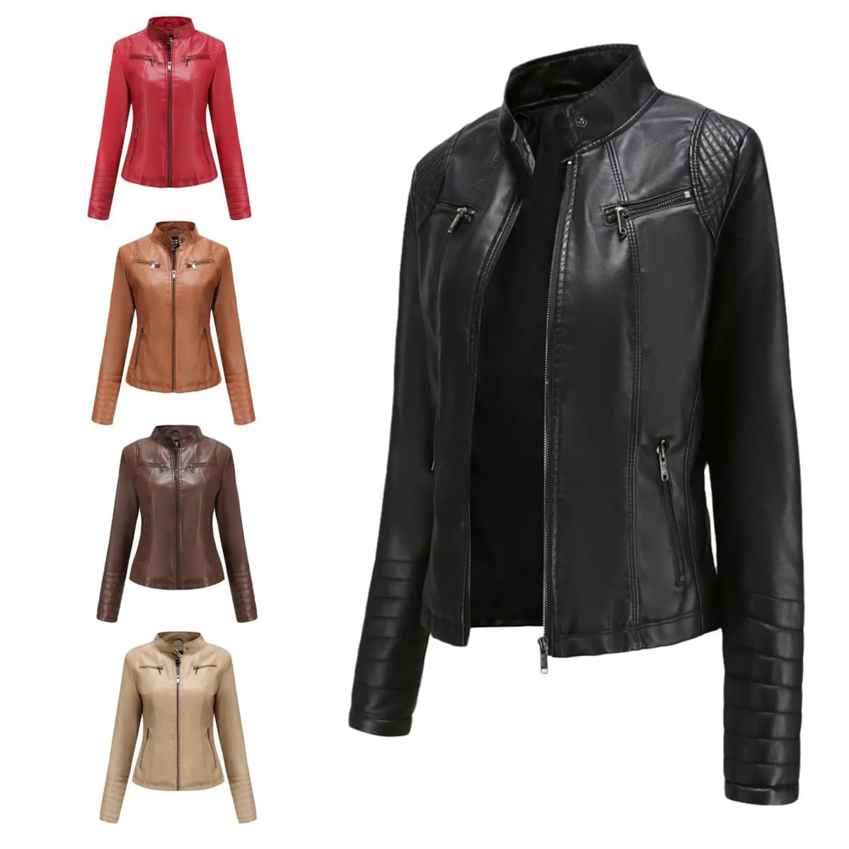 Faux Leather Women Coat Pu Coats Thin Jacket Full Sleeve Stand Collar Slim Fit Solid Sexy Regular Jackets Zipper Casual Splice