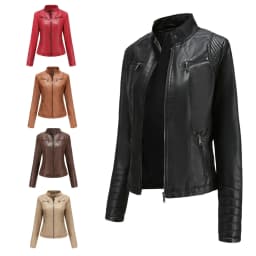 Faux Leather Women Coat Pu Coats Thin Jacket Full Sleeve Stand Collar Slim Fit Solid Sexy Regular Jackets Zipper Casual Splice