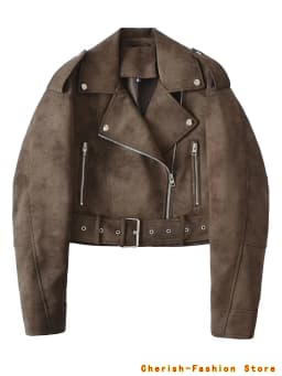 Spring Women's Brown Suede Short Jacket Loose Lapel Zipper Long Sleeve Motorcycle Coat Female Hot New Lady High Street Outwear