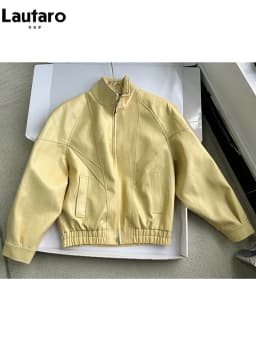 Lautaro Spring Autumn Yellow Pu Leather Jacket Women Zipper Long Sleeve Looe Casual Luxury Designer American Retro Clothes 2026