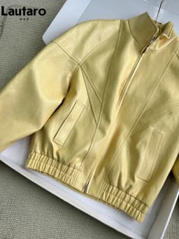 Lautaro Spring Autumn Yellow Pu Leather Jacket Women Zipper Long Sleeve Looe Casual Luxury Designer American Retro Clothes 2026