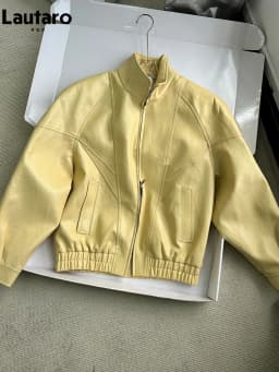 Lautaro Spring Autumn Yellow Pu Leather Jacket Women Zipper Long Sleeve Looe Casual Luxury Designer American Retro Clothes 2026