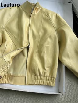 Lautaro Spring Autumn Yellow Pu Leather Jacket Women Zipper Long Sleeve Looe Casual Luxury Designer American Retro Clothes 2026