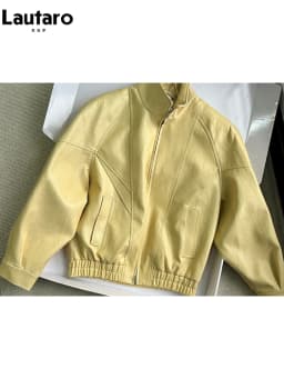 Lautaro Spring Autumn Yellow Pu Leather Jacket Women Zipper Long Sleeve Looe Casual Luxury Designer American Retro Clothes 2026