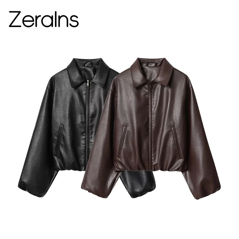 ZERAINS Autumn new women's clothing European and American lapel long sleeved loose PU leather pilot jacket jacket