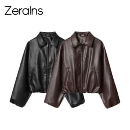 ZERAINS Autumn new women's clothing European and American lapel long sleeved loose PU leather pilot jacket jacket