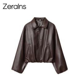 ZERAINS Autumn new women's clothing European and American lapel long sleeved loose PU leather pilot jacket jacket