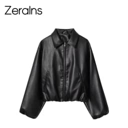 ZERAINS Autumn new women's clothing European and American lapel long sleeved loose PU leather pilot jacket jacket