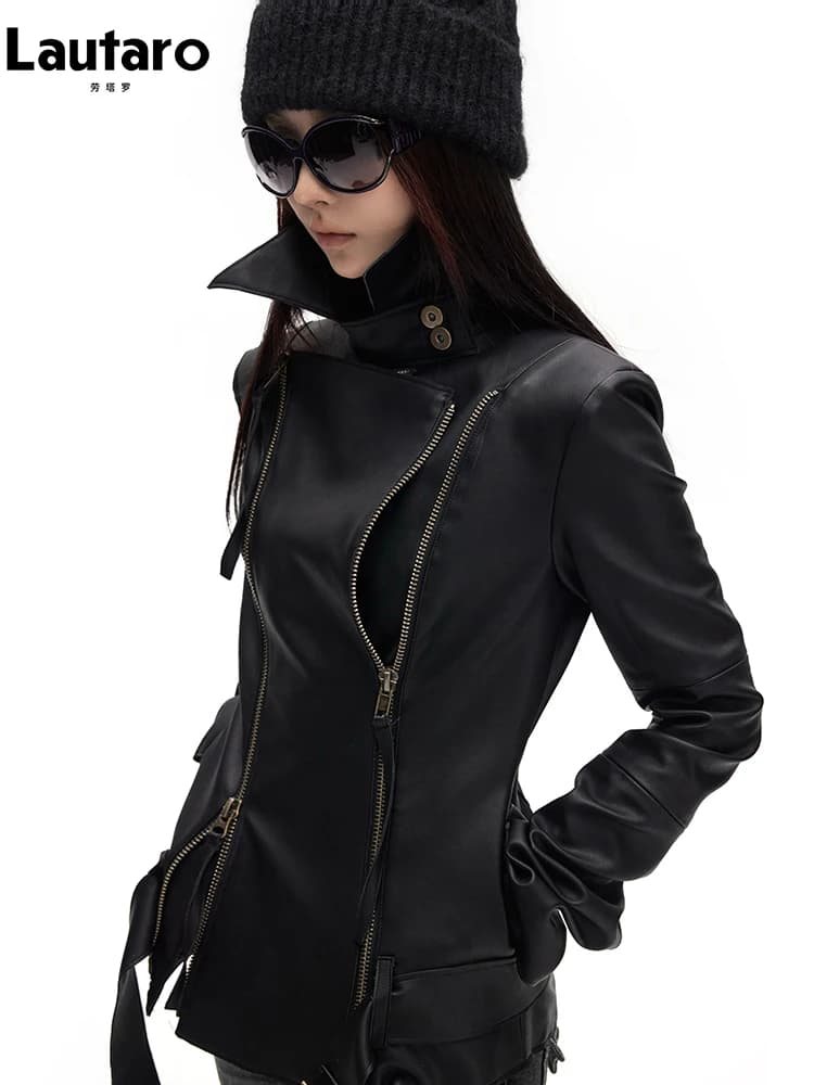 Lautaro Spring Autumn Cool Handsome Soft Black Pu Leather Jacket Women Long Sleeve Double Zippers Luxury Clothes Runway Fashion