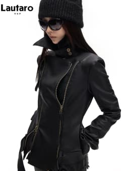 Lautaro Spring Autumn Cool Handsome Soft Black Pu Leather Jacket Women Long Sleeve Double Zippers Luxury Clothes Runway Fashion