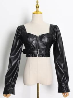 Lautaro Y2k Black Faux Leather Crop Top Women Square Neck Long Sleeve Zipper Cropped Jacket 2021 Sexy Backless Fashion 5xl 6xl