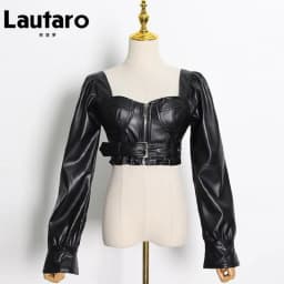 Lautaro Y2k Black Faux Leather Crop Top Women Square Neck Long Sleeve Zipper Cropped Jacket 2021 Sexy Backless Fashion 5xl 6xl