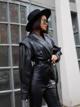 Suninherat Autumn Faux Leather Jacket 2025 Fashion Black PU Jacket Coat with Belt Lapel Women's Outwear