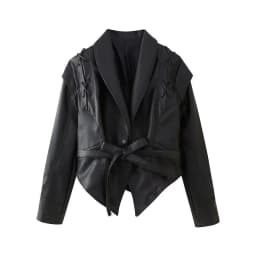 Suninherat Autumn Faux Leather Jacket 2025 Fashion Black PU Jacket Coat with Belt Lapel Women's Outwear