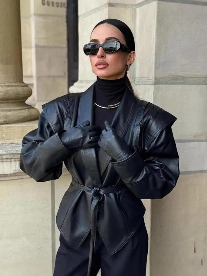 Suninherat Autumn Faux Leather Jacket 2025 Fashion Black PU Jacket Coat with Belt Lapel Women's Outwear